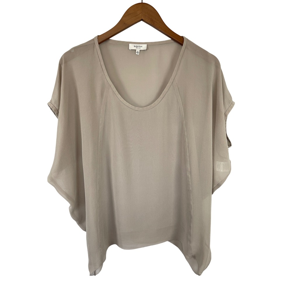 Babaton 100% Silk Scoop Neck Sheer Top XS Taupe Airy Minimalist Quiet Luxury